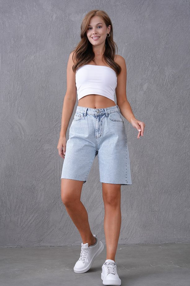 Yüksek Bel Rahat Kalıp Diz Üstü Kot Şort Jeans Şort 70367 - 4
