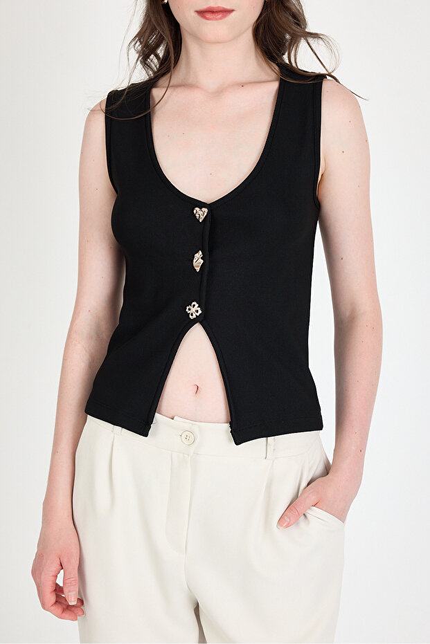 Black Button Detailed V-Neck Blouse 018 - 4