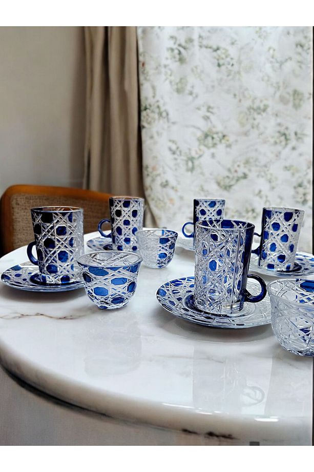 Kesme Cam Çift Renk Çay ve Mırra Seti - Arap Kahve Seti Çay Takımı 18 Parça 6 Kişilik - 1