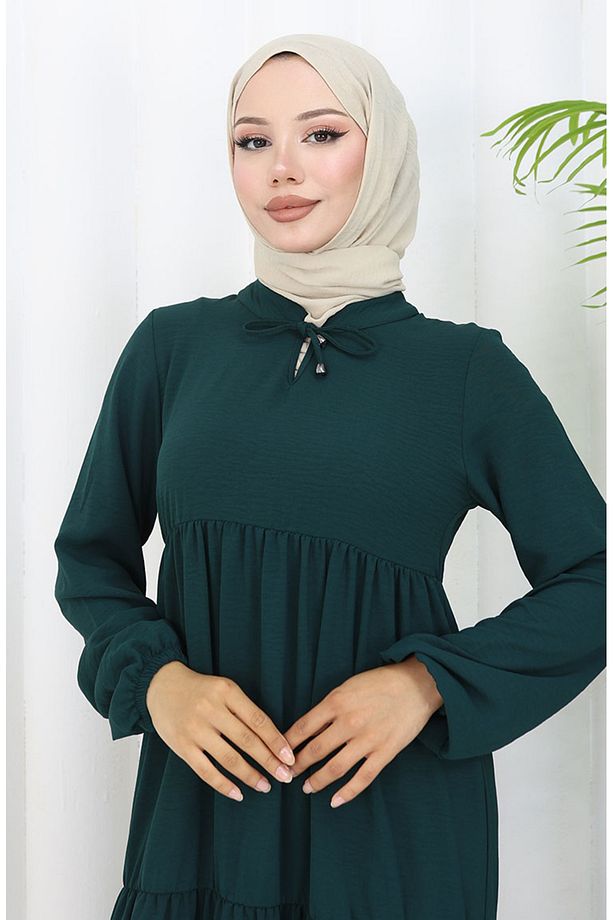 Inci Ayrobin Farbalı Kolları Lastikli Elbise 4909-16 Zümrüt Yeşili - 3