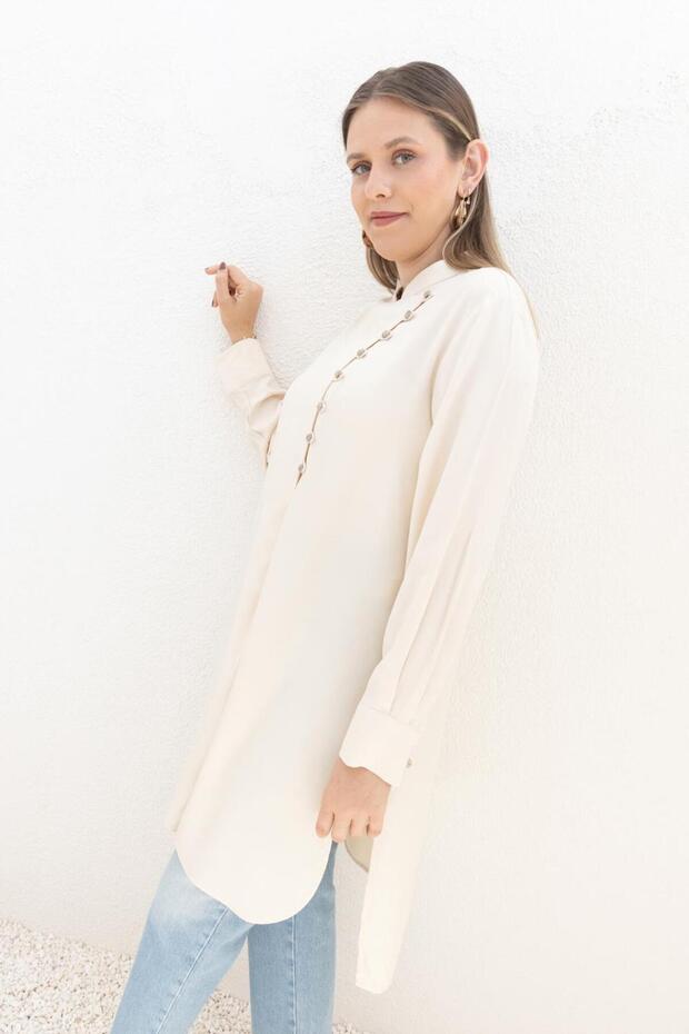 Ecru-Half Placket Slit Linen Tunic - 2