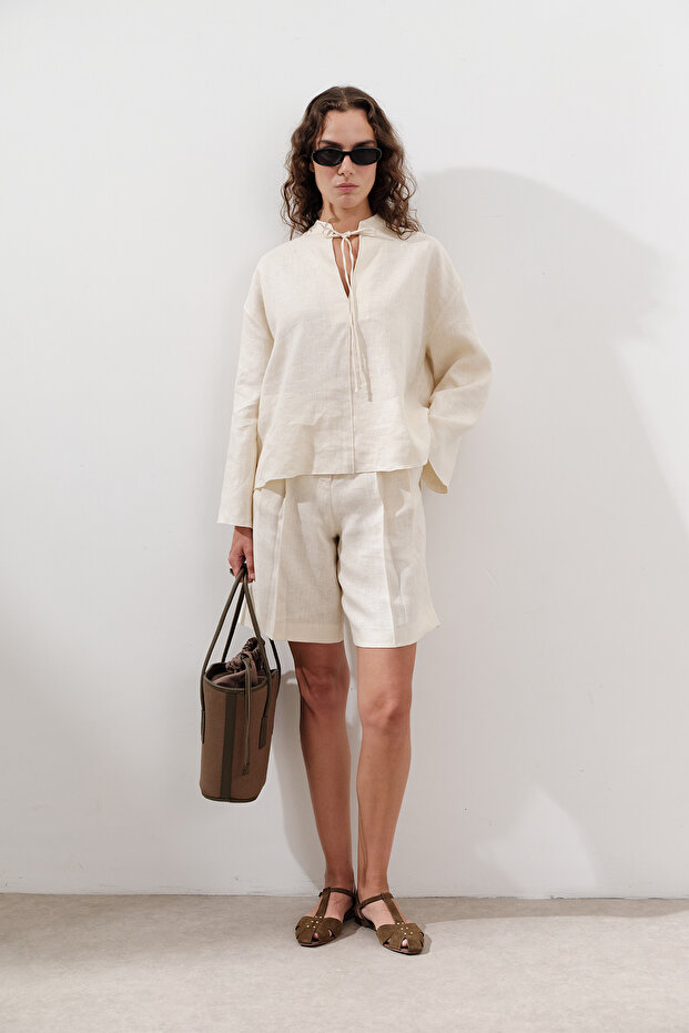 LEINEN-BINDEN-Bluse VANILLE - 2