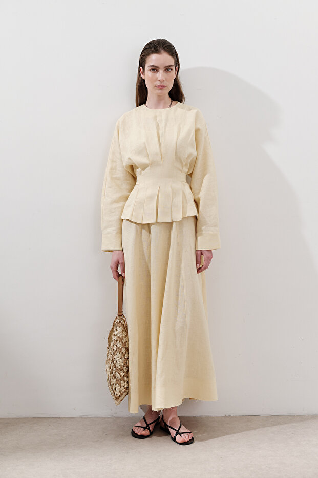 Lniana bluzka dwurzędowa z wiązaniem Żółta - 5