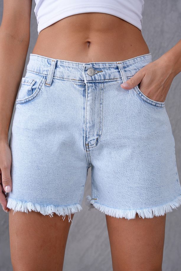 Püskül Tasarımlı Kesim Paça Yüksek Bel Kot Şort Jeans Şort 70369 - 1