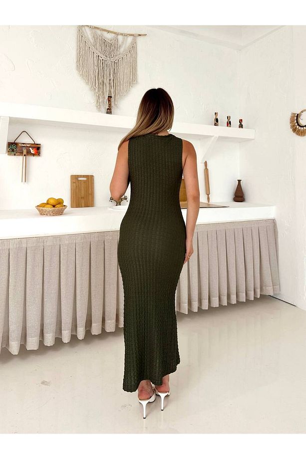 Düz Renk Kolsuz Maxi Elbise - 6