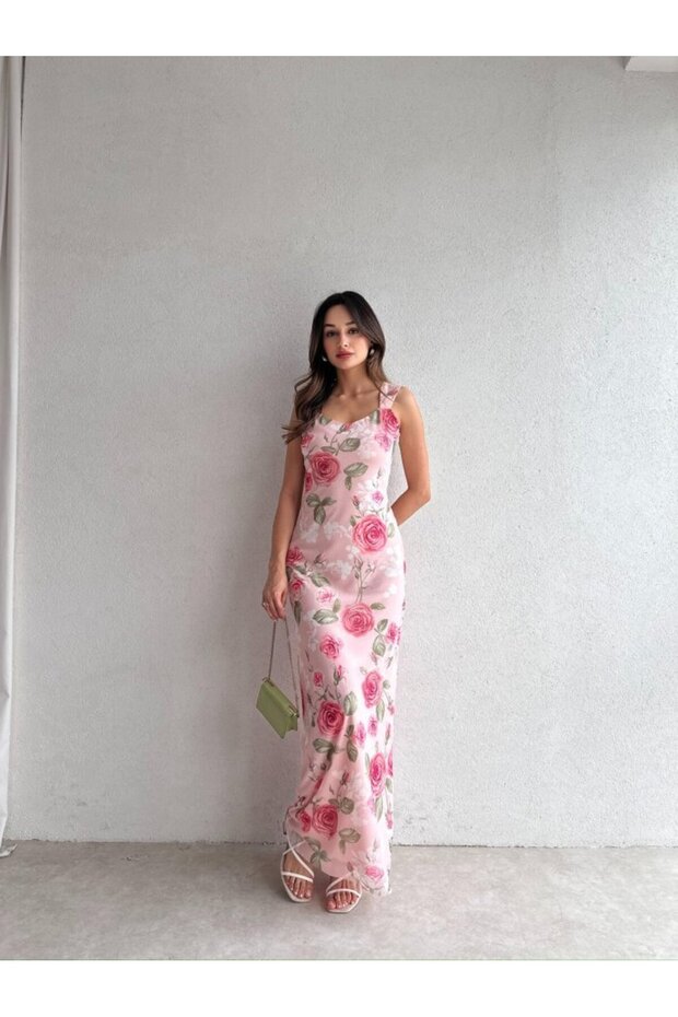 Kadın Astarlı Çiçek Desenli Uzun Tül Elbise - 4