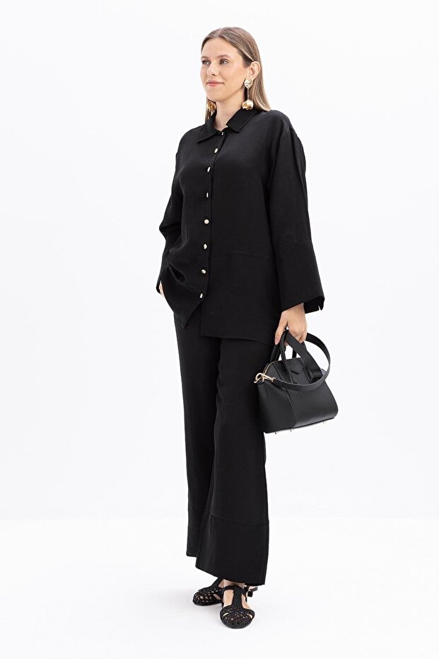 Black-Wide Folded Slit Linen Trousers Suit