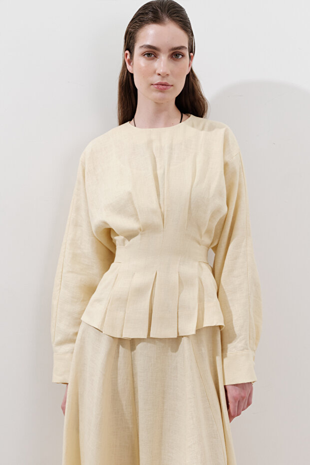 Lniana bluzka dwurzędowa z wiązaniem Żółta - 1