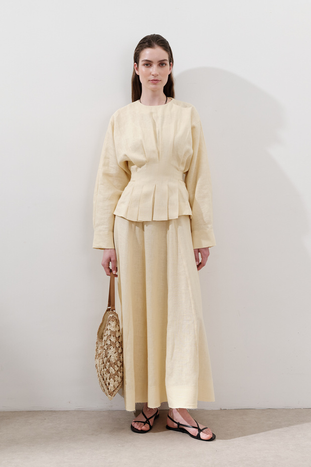 Lniana bluzka dwurzędowa z wiązaniem Żółta - 2