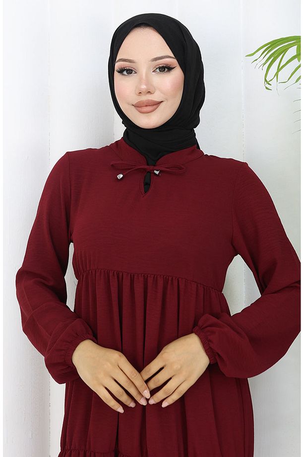 Inci Ayrobin Farbalı Kolları Lastikli Elbise 4909-01 Bordo - 4