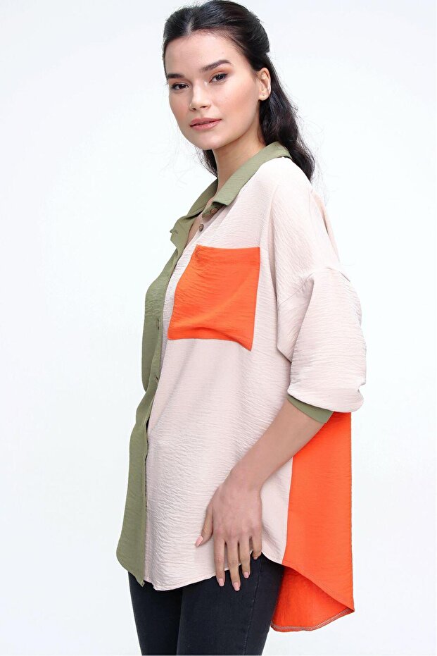 Women's Khaki Beige Orange Long Sleeve Casual Airobin Shirt 3071