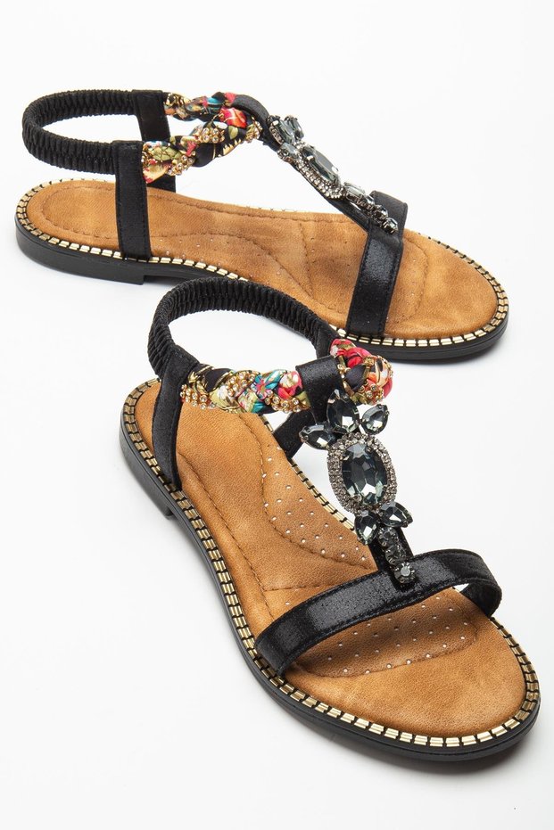 Women's Flat Heeled Sandals Black Stone Buckle Tekband Knitted Helmet