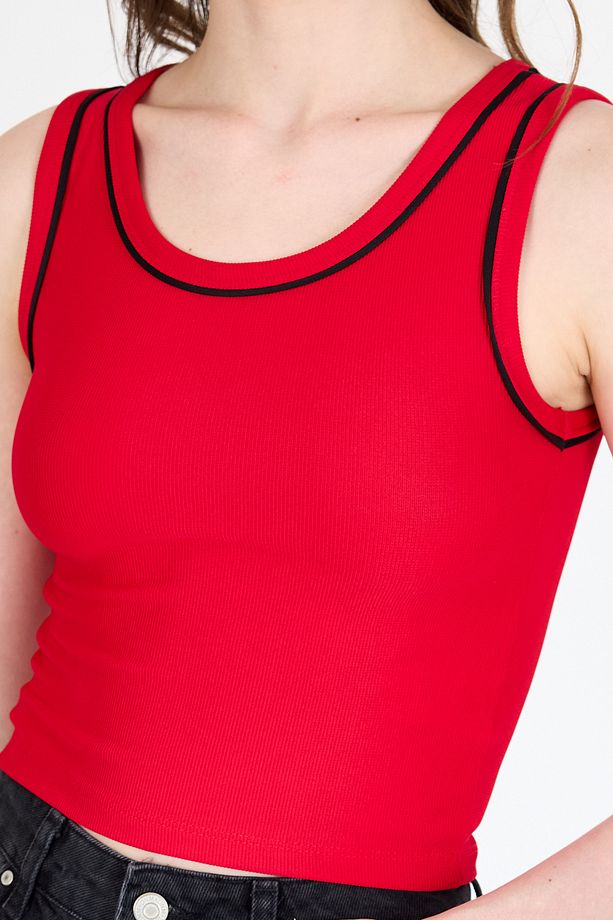 Kırmızı Şerit Detaylı Örme Crop Atlet 1049 - 4