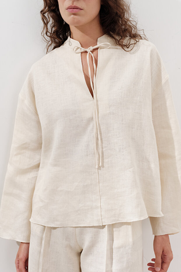 LEINEN-BINDEN-Bluse VANILLE - 4
