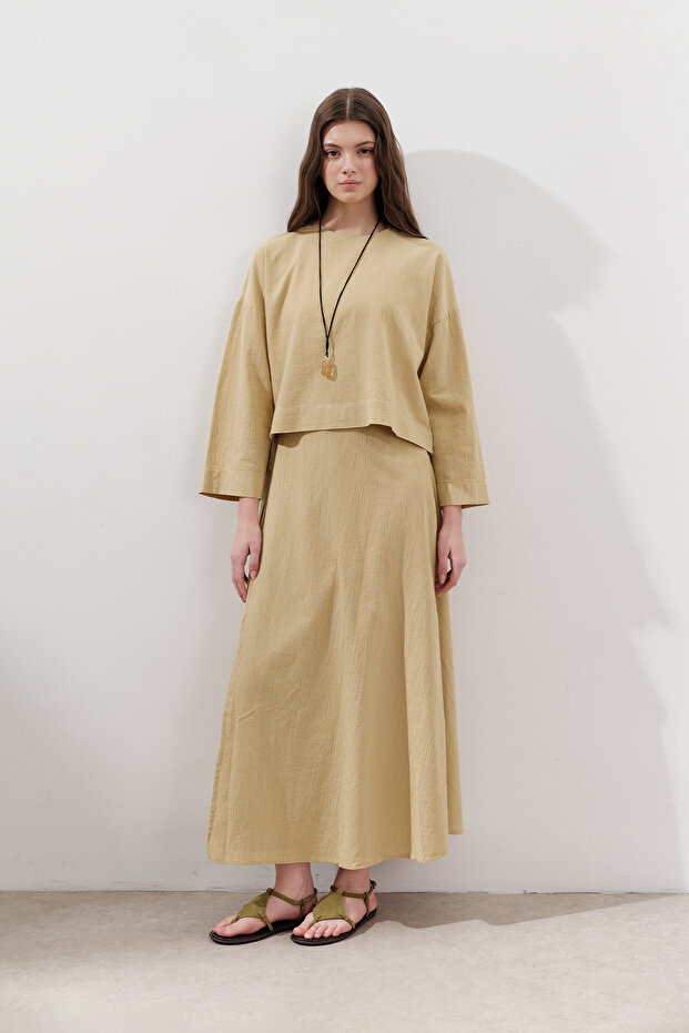 PAMUKLU GENİŞ KOL CROP BLUZ SARI - 2