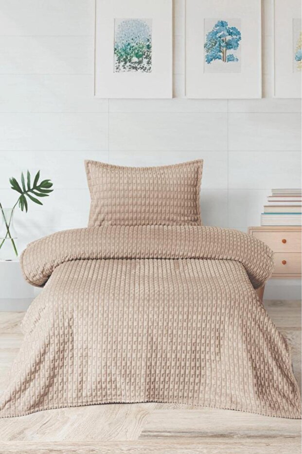 Merinos Twist Single Blanket Set Cappucino