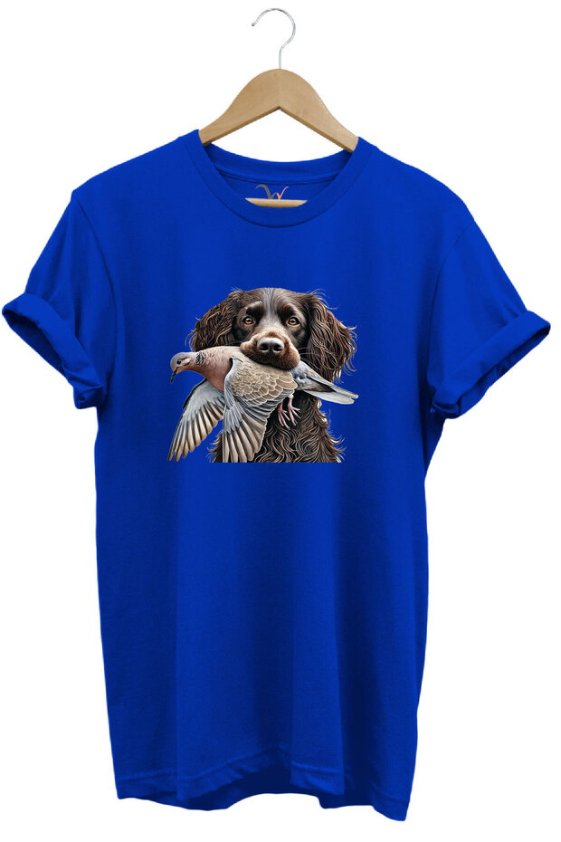 Hunting Hunter Quail and Hunter Boykin Dog Design Printed 100% Cotton Regular Fit Blue T-Shirt