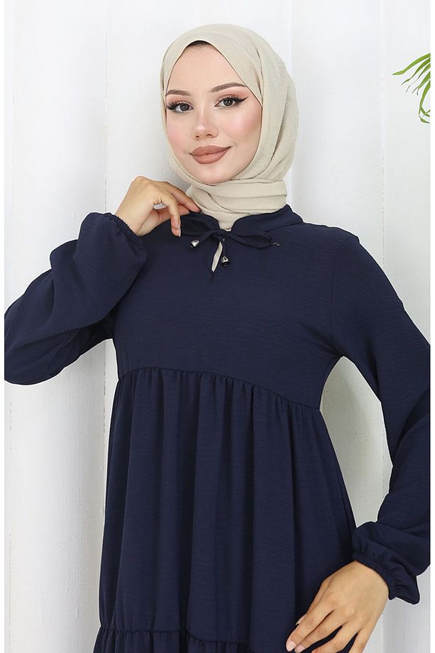 Inci Ayrobin Farbalı Kolları Lastikli Elbise 4909-06 Lacivert - 3