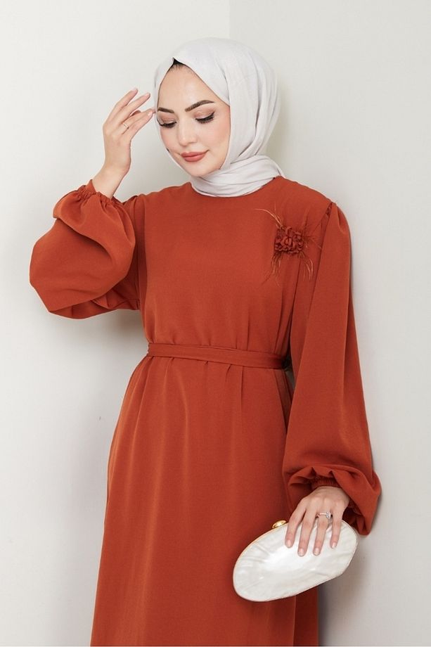 Broş Detaylı Ayrobin Elbise 1545 - Kiremit - 4