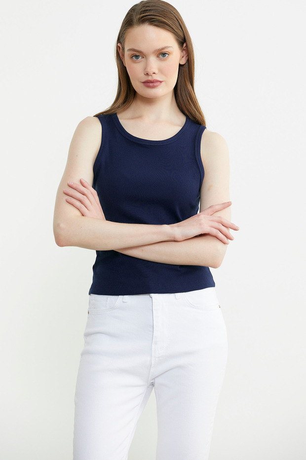 Fitilli Basic Kolsuz Tişört - Lacivert - 4