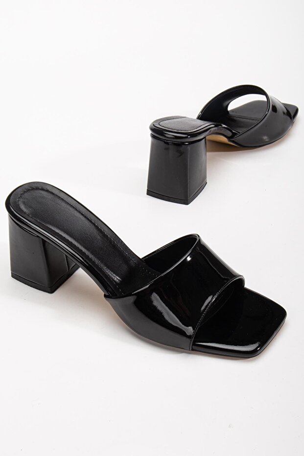 Patent Leather and Plain Tekband Black Patent Leather Women's Heeled Slippers