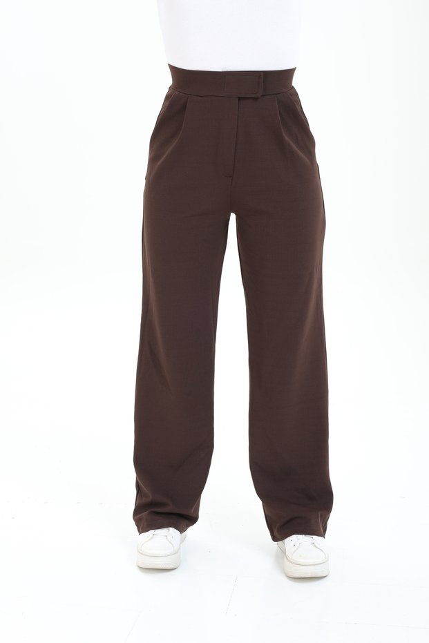 Women's Line Lycra Zipper Closure Pleated Brown Palazzo Trousers