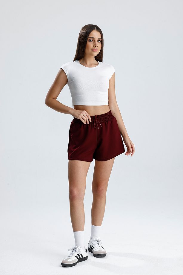 Kadın Bordo Şort Modal Kumaş Yumuşak Dokulu Esnek Likralı Bağcıklı Çift Cepli Şort - 6