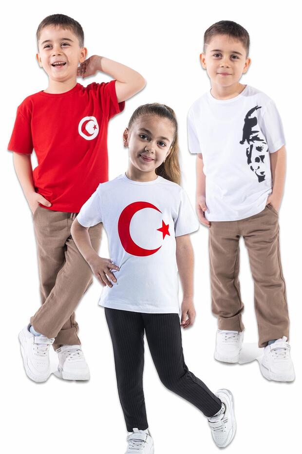 Turkish Flag Ataturk Printed T-Shirt (Price for 3 Pieces) 4-14 Years Girls-Boys
