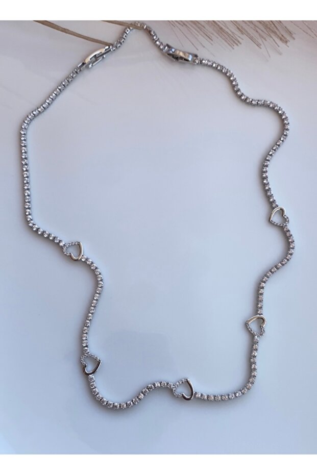 Silver Color Row Heart Figured Waterway Steel Necklace