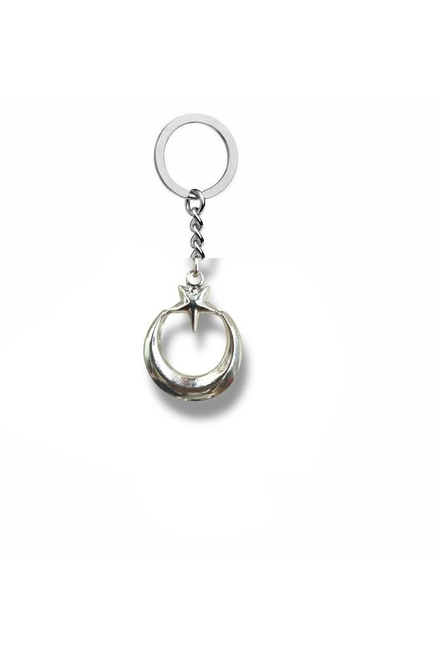 Metal Keychain with Crescent and Star Figure – Silver Color Unisex Patriotic Accessory