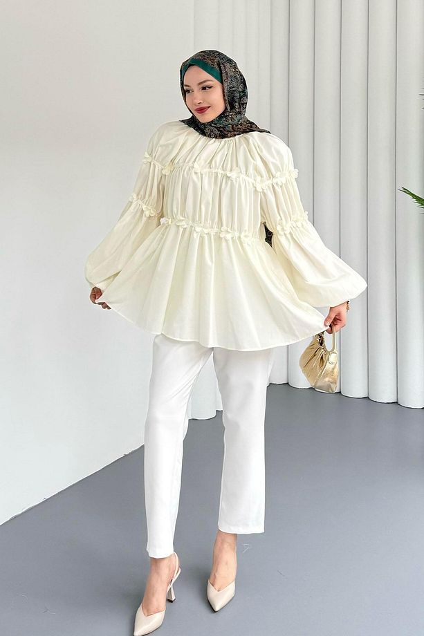 Reglan Minik Çiçek Detaylı Poplin Gömlek-SARI - 5