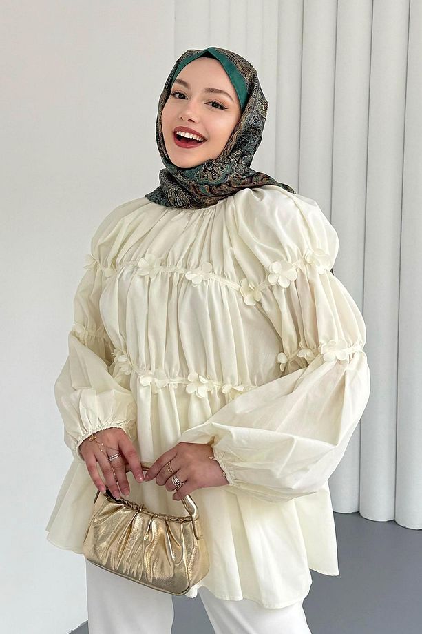 Reglan Minik Çiçek Detaylı Poplin Gömlek-SARI - 1