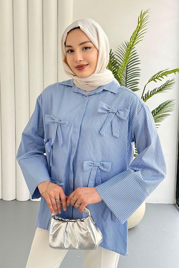 Fiyonk Detaylı Çizgili Gömlek-MAVİ - 3