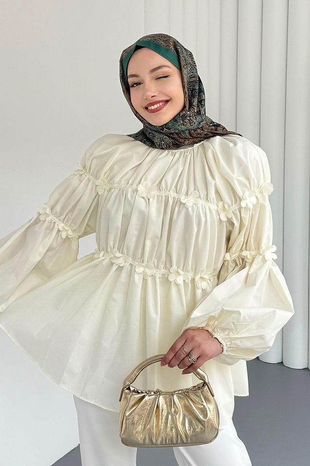 Reglan Minik Çiçek Detaylı Poplin Gömlek-SARI - 2