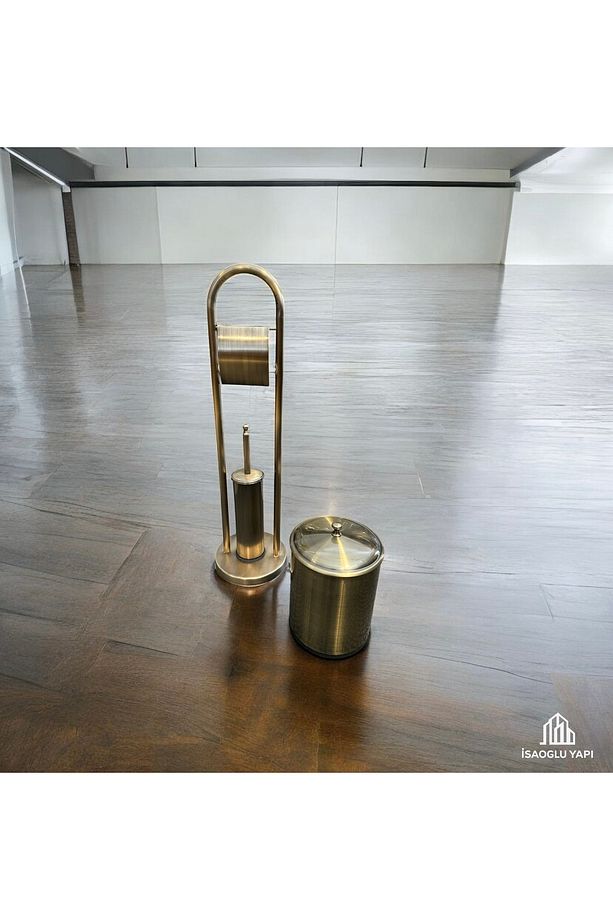 Antik Gold Fırça Kova ve Tuvalet Kağıtlık Seti Pirinç Eskitme Set Çöp Kovası - 2