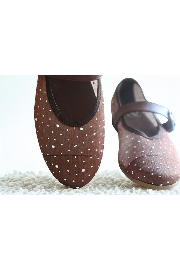 Coffee Mesh Stone Single Strap Women's Comfortable and Stylish Ballerinas