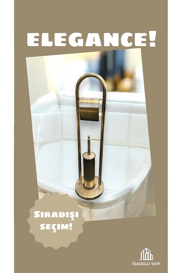 Antik Gold Fırça Kova ve Tuvalet Kağıtlık Seti Pirinç Eskitme Set Çöp Kovası - 6