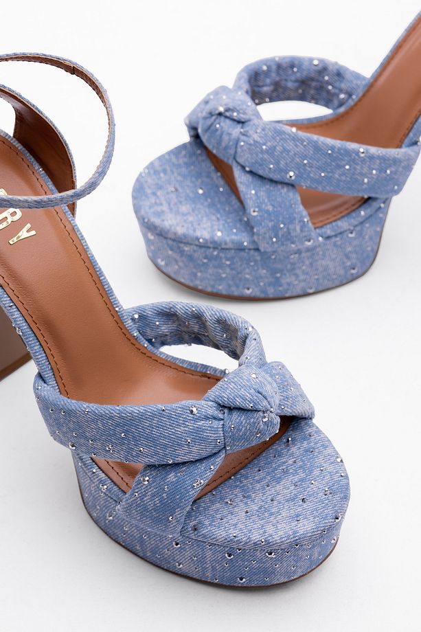 Denim Taş İşlemeli Platform Ayakkabı – Yüksek Kalın Topuk, Bilekten Bağcıklı Stil - 4
