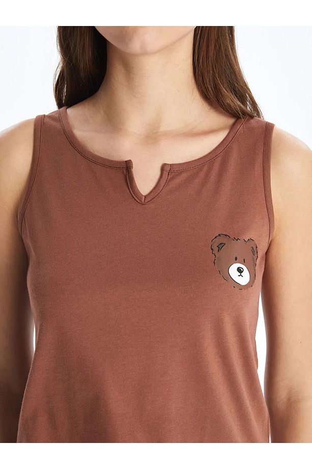 LCW Young Ekru Kaçık Yaka Baskılı Kadın Şortlu Pijama Takımı - 3