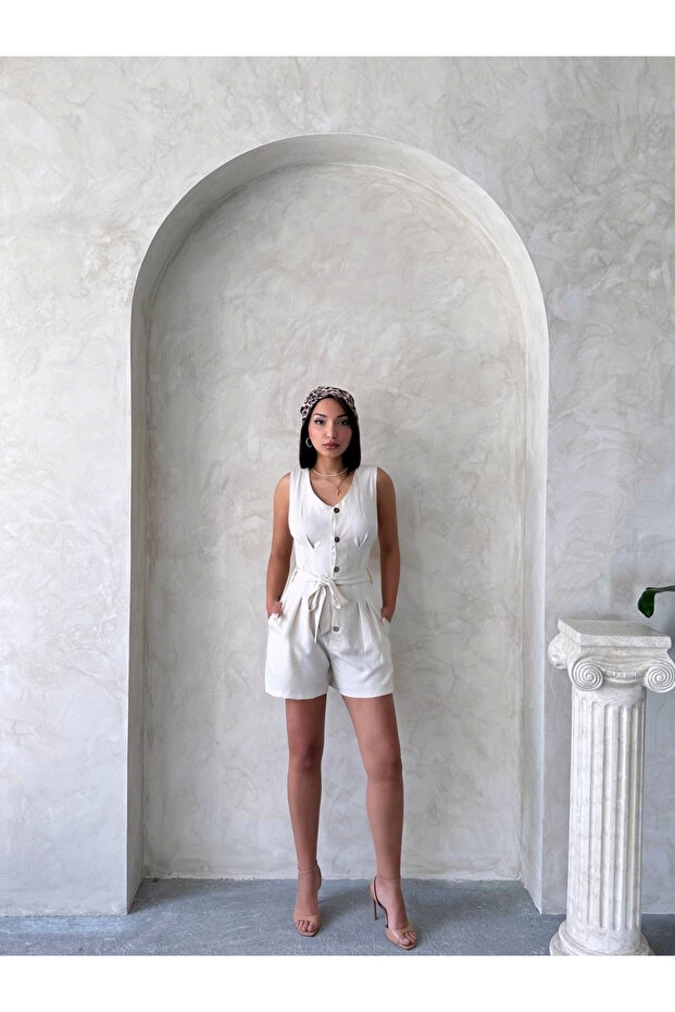 Kuşaklı şortlu tulum - 4