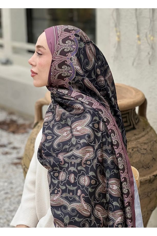Etnik badem desen siyah marsala vual şal - 4