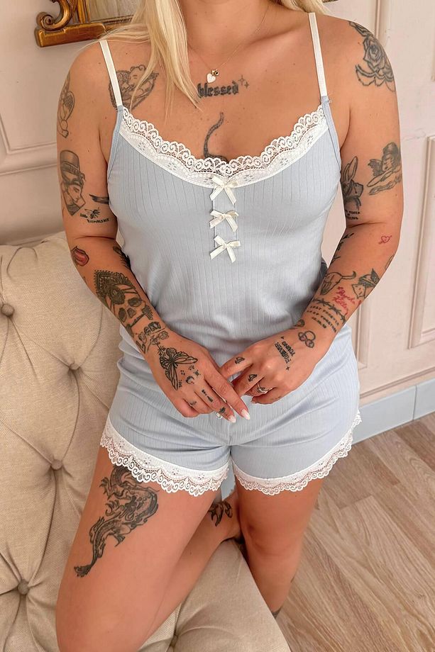 Mavi Dublin Ip Askı Şortlu Kadın Pijama Takımı - 6