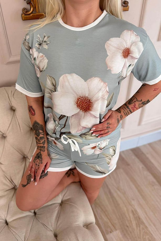 Bleu Magnolia Desenli Kısa Kollu Şortlu Bambu Kadın Pijama Takımı - 5