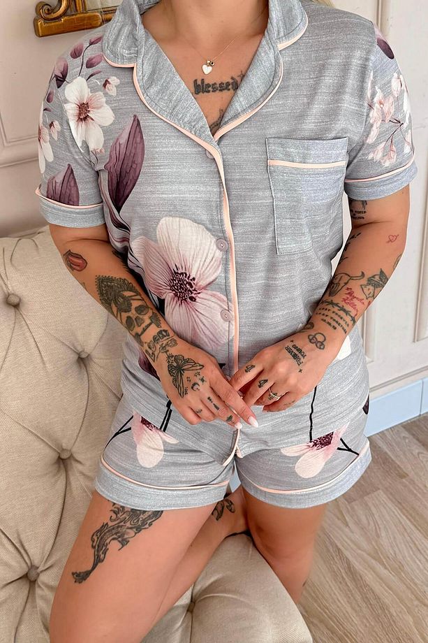 Gris Magnolia Desenli Kısa Kol Şortlu Önden Düğmeli Kadın Pijama Takımı - 6