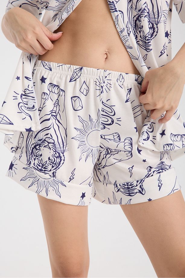 Calm Gömlek Şort Düğmeli Pijama Takımı Renkli Desenli Pijama Takımı - 5