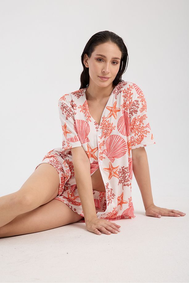 Calm Gömlek Şort Düğmeli Pijama Takımı Renkli Desenli Pijama Takımı - 7