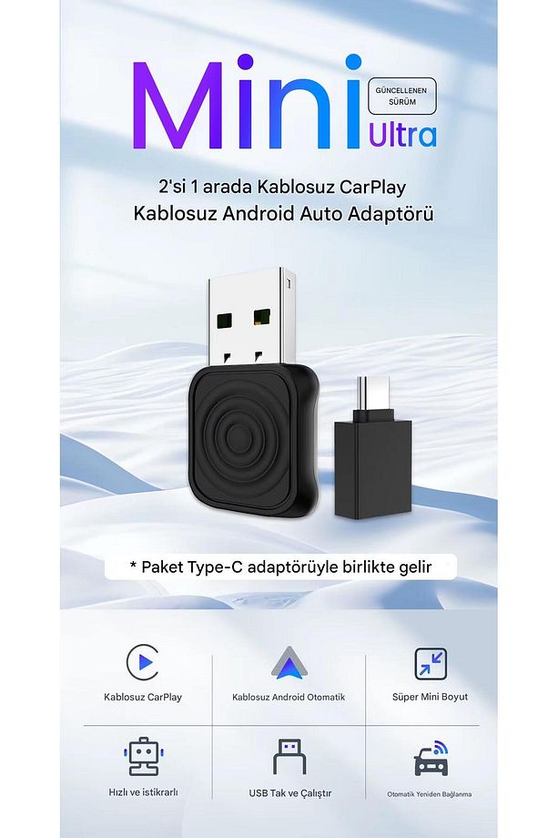 2025 Mini Ultra 5.0 Kablosuz CarPlay & Android Auto Adaptör Tak Çalıştır Dual WiFi Hızlı Bağlantı - 8