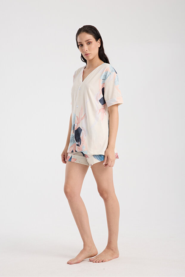 Calm Gömlek Şort Düğmeli Pijama Takımı Renkli Desenli Pijama Takımı - 4