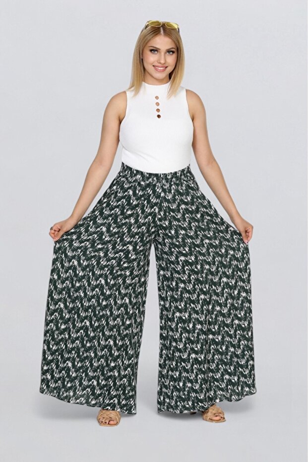 Women's Elastic Waist Patterned Pocket Skirt Trousers