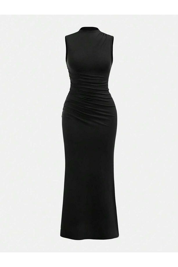 Kadın Soft Touch Sıfır Kol Drape Detay Maxi Elbise - 1